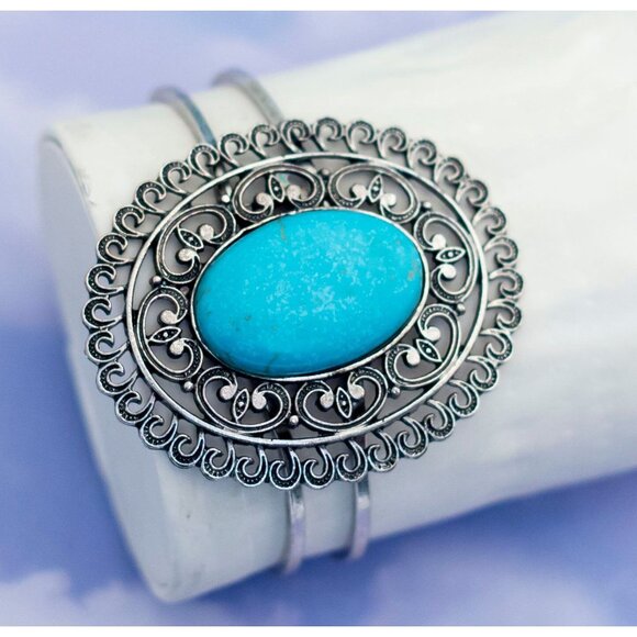 Vintage Boho & hippie Silver Plate Turquoise Hinged Bangle 7 1/2 Inch  - S24 - Picture 2 of 3